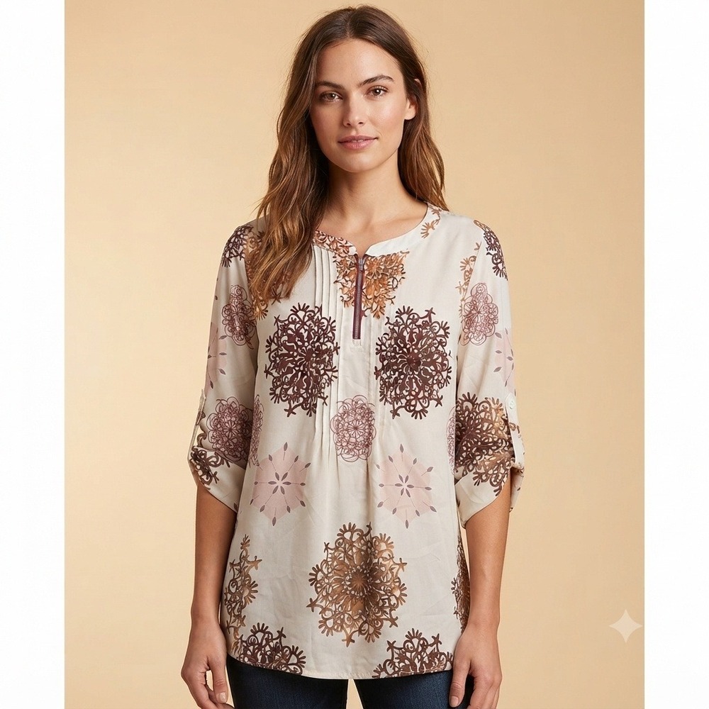 SHEIN Curve Blouse Womens 1X Tan Brown Mandala Print Quarter Zip Pintuck Top